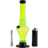 JM Plastics 8" Acrylic Blossom Bong in Neon Green with detachable bowl and lighter, front view