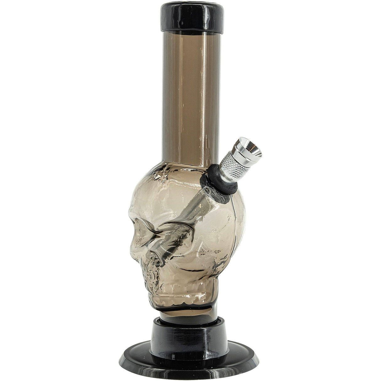 JM Plastics Mini Alien Head Acrylic Bong, 6" Tall in Black, Front View with Clear Chamber