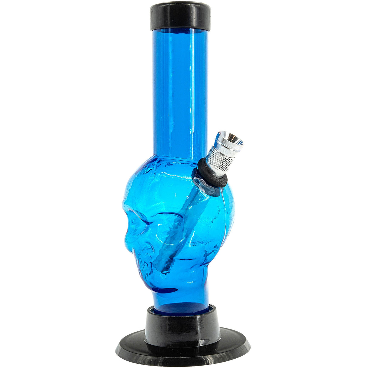 JM Plastics Mini Alien Head Acrylic Bong in Blue, 6" Tall, Front View on White Background