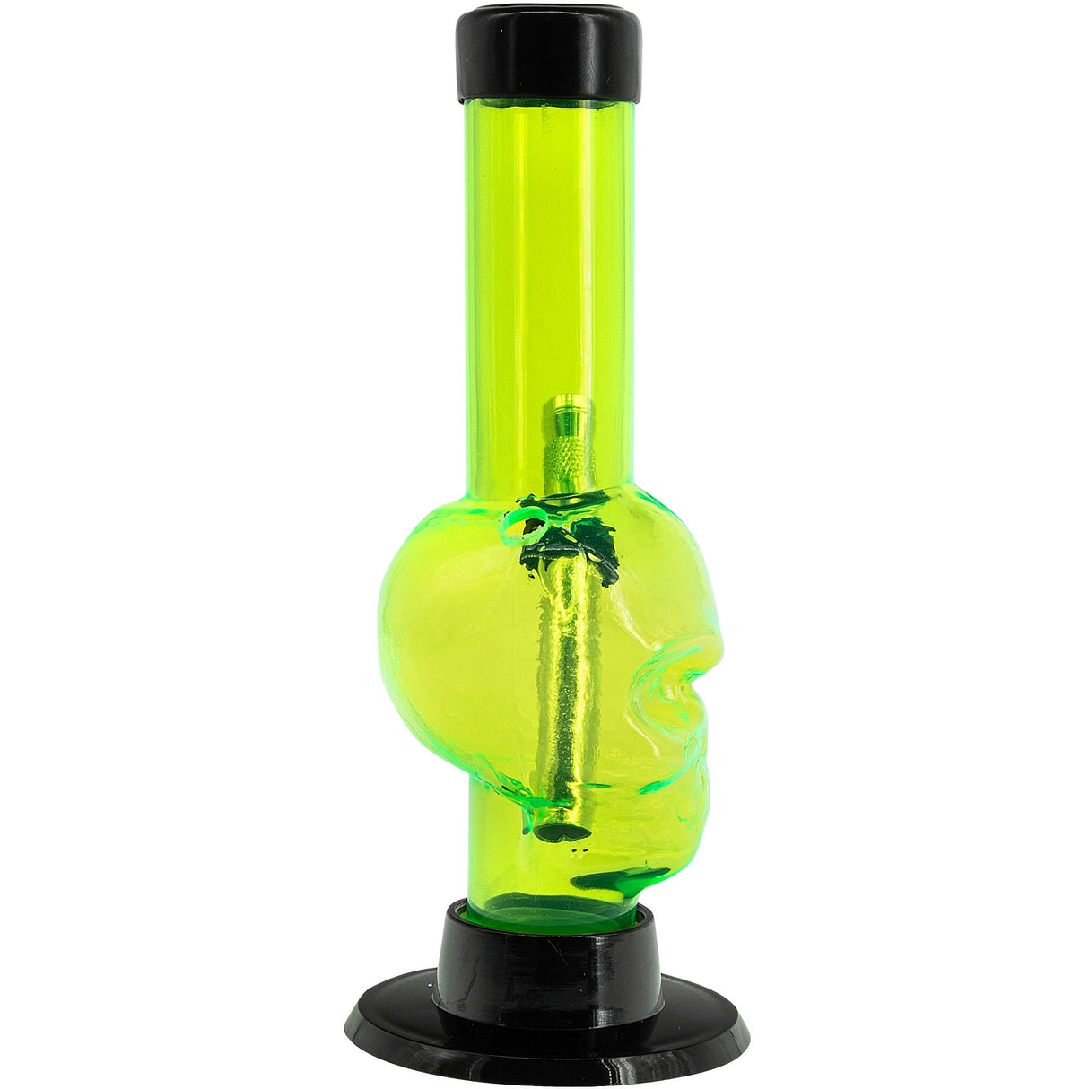 JM Plastics Mini Alien Head Acrylic Bong in vibrant green, 6" tall - front view on white