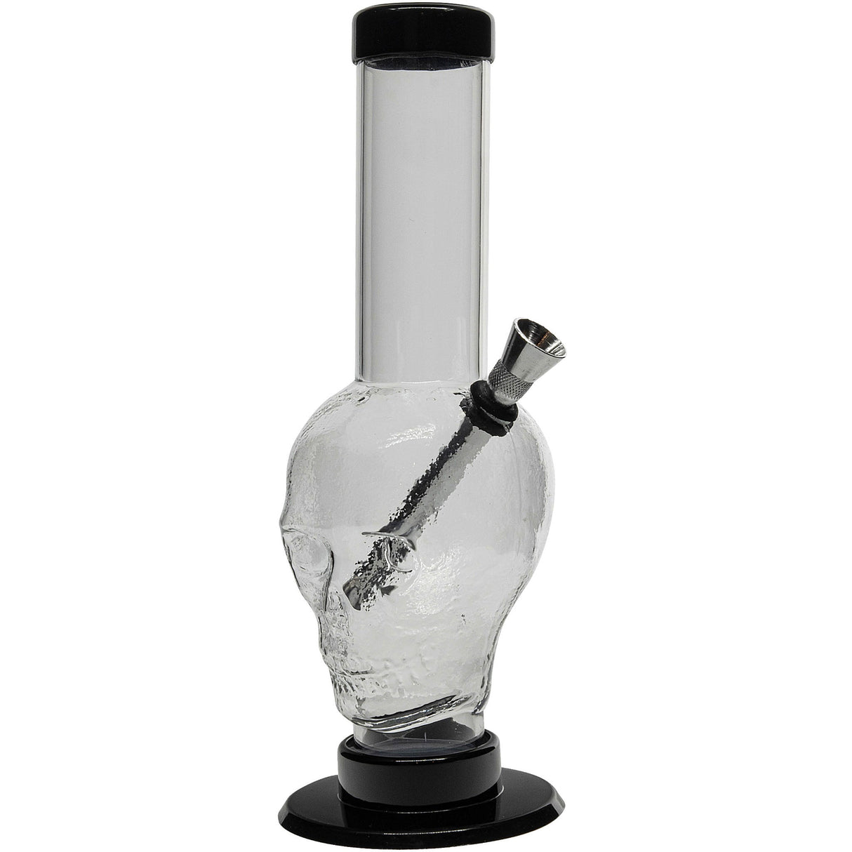 JM Plastics Acrylic Skull Bong in Grey, 9-12" Tall, Front View with Clear Tube and Black Base