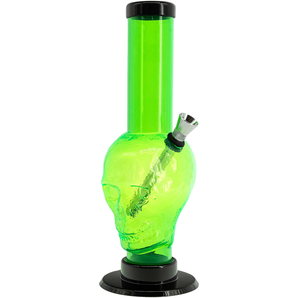 JM Plastics Acrylic Skull Bong in Illuminati Green, 9-12" tall, front view on white background