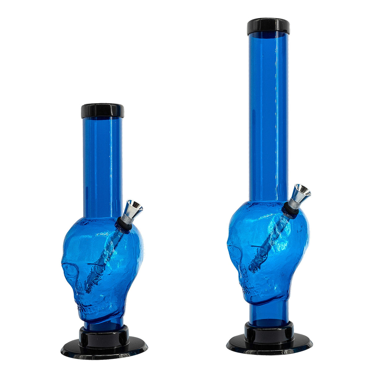 JM Plastics Acrylic Skull Bong in Blue, 9-12" Tall, Front and Side Views on White Background