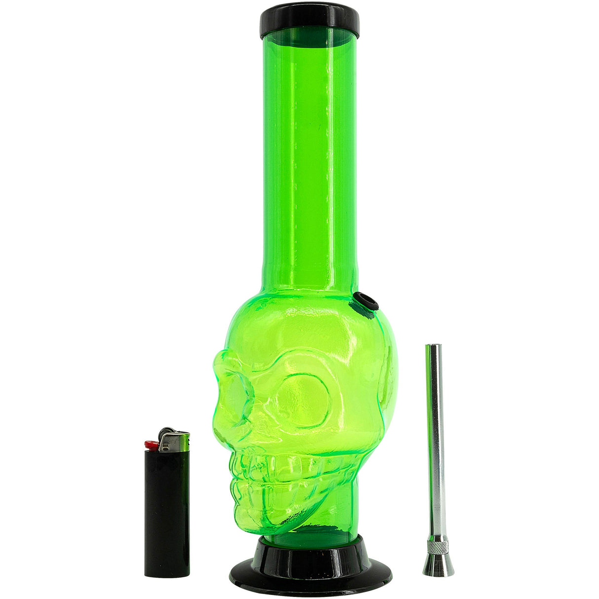 JM Plastics Acrylic Skull Chamber Bong in Neon Green, 12-15" Tall with Lighter