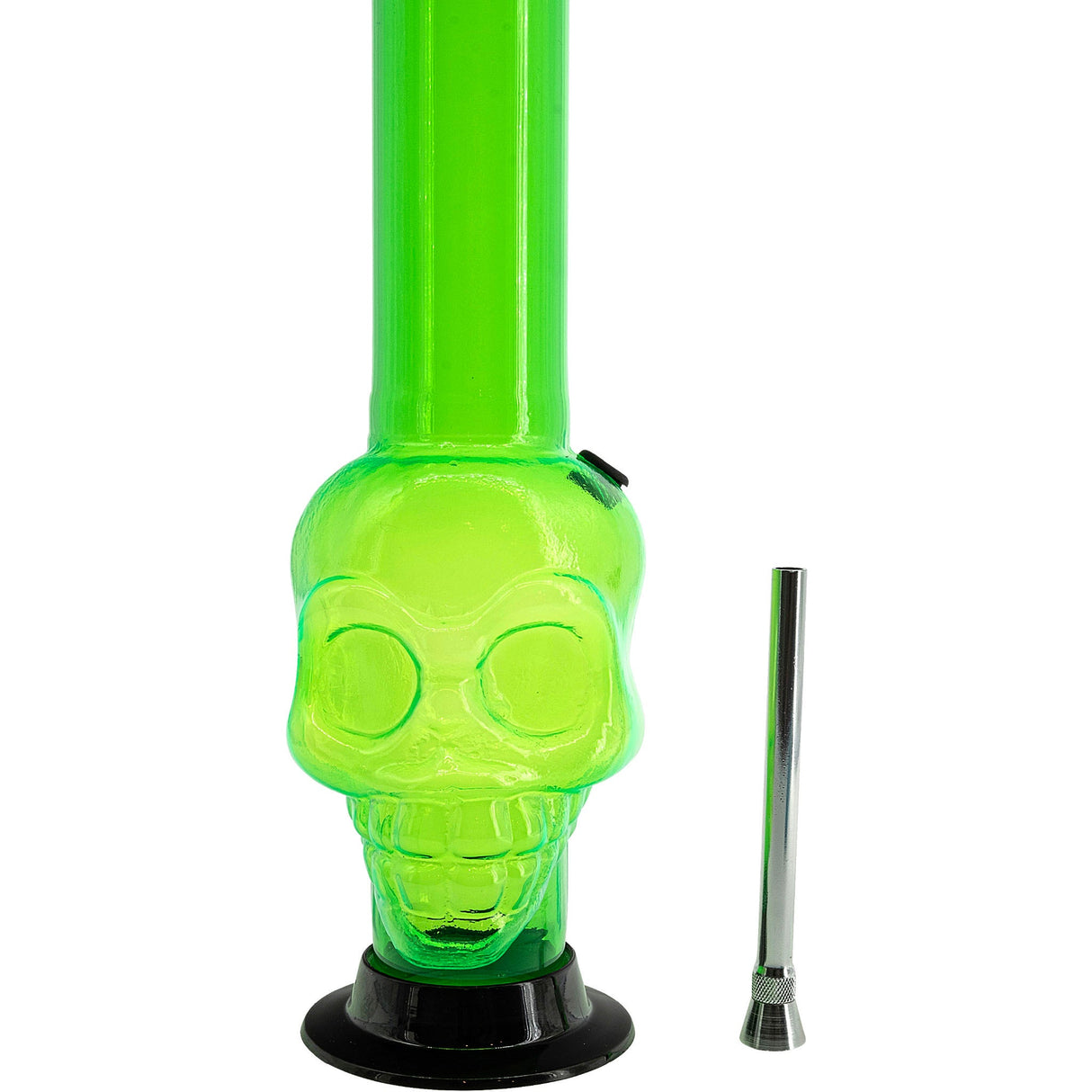 JM Plastics Acrylic Skull Chamber Bong in Neon Green, 12-15" Tall, Front View with Detachable Bowl