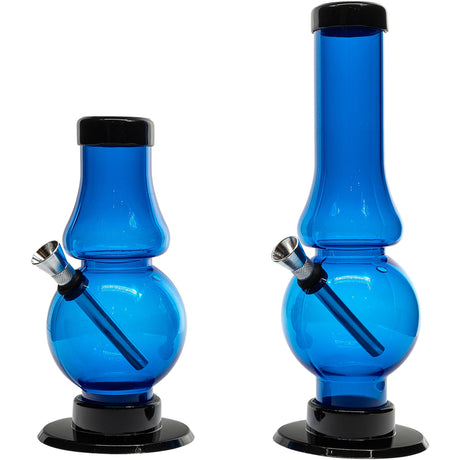 JM Plastics Acrylic Straight Tube Bubble Flare Bong in Blue, Front and Side View