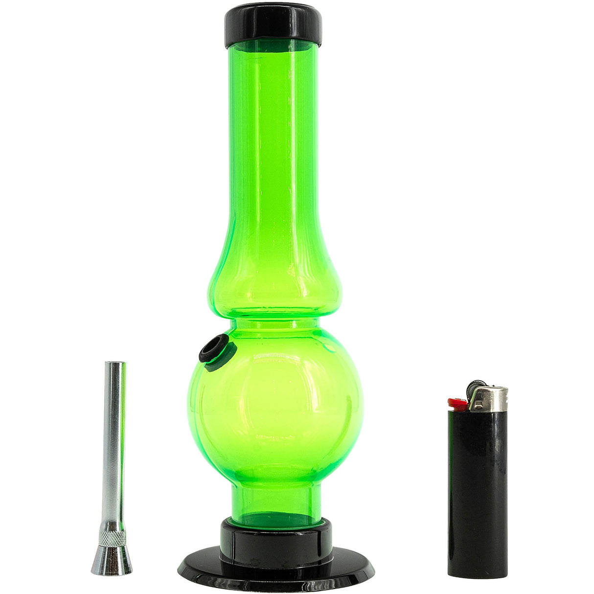 JM Plastics 6-9" Acrylic Straight Tube Bubble Flare Bong in Neon Green, Front View with Lighter