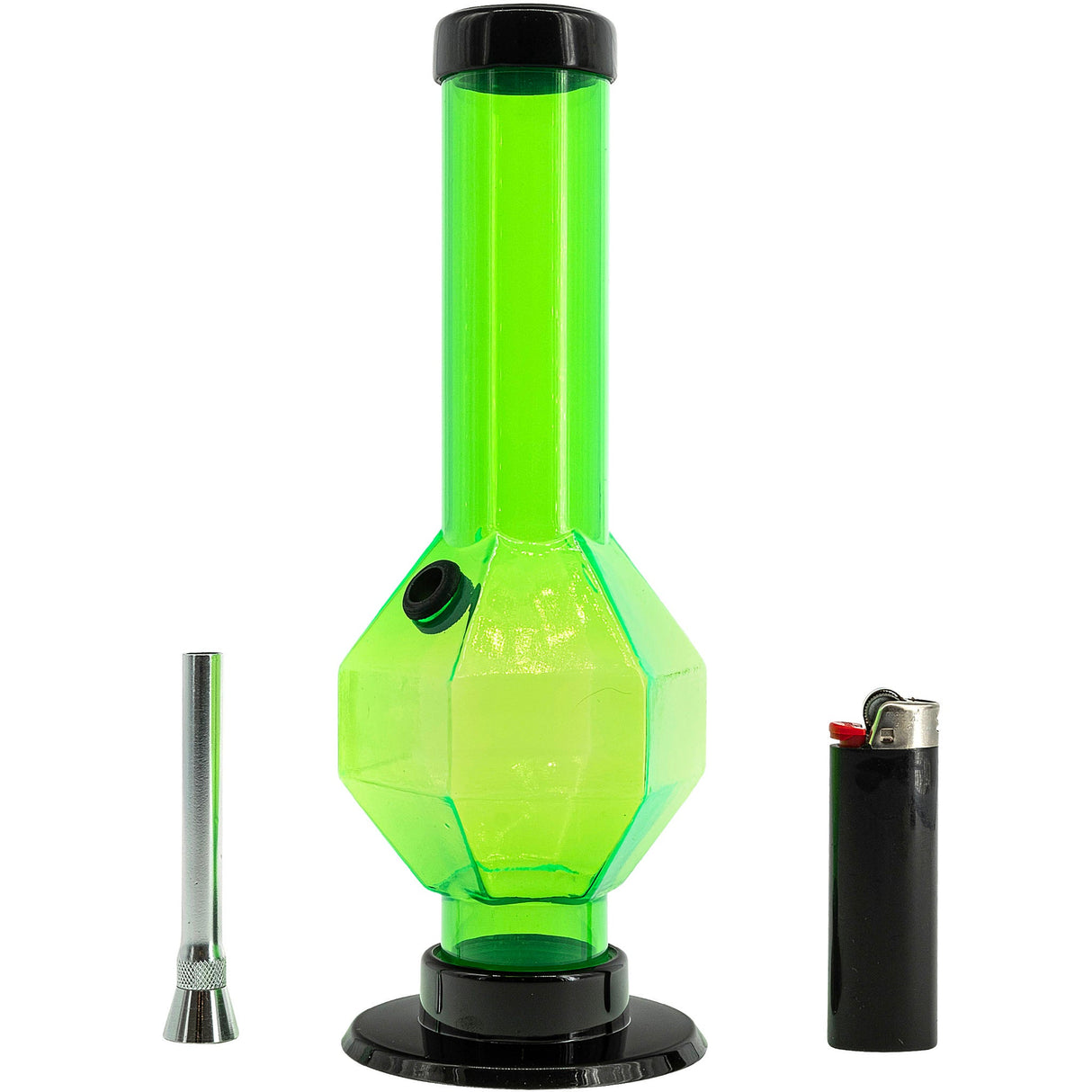 JM Plastics 9-12" Acrylic Diamond Bong in Neon Green, Front View with Metal Bowl and Lighter