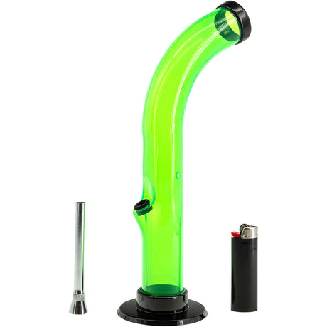 JM Plastics 10'' Acrylic Curved Tube Bong in Vibrant Green with Bowl and Lighter