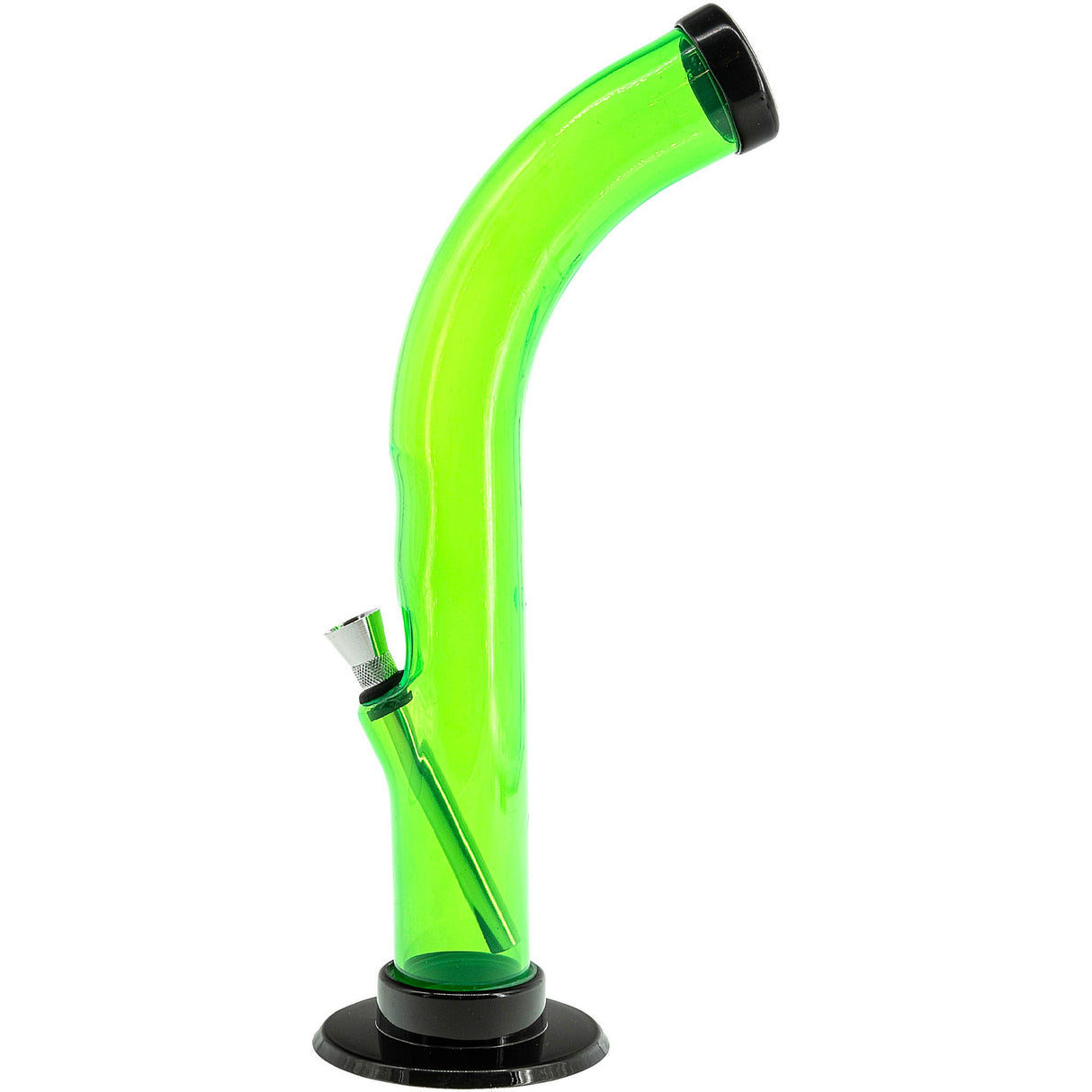 JM Plastics 10'' Acrylic Curved Tube Bong in Illuminati Green with Black Base - Side View