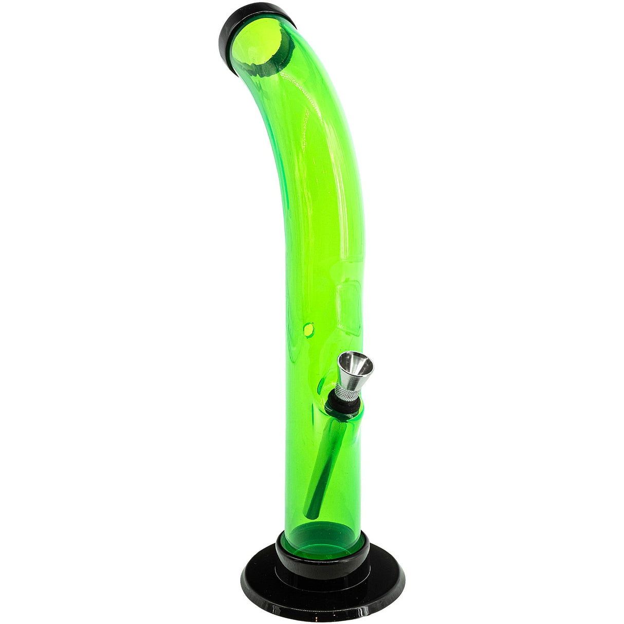 JM Plastics 10'' Acrylic Curved Tube Bong in Green, Front View on White Background