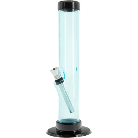 Light Blue JM Plastics Acrylic Straight Tube Bong, 12" Tall, Front View on White Background