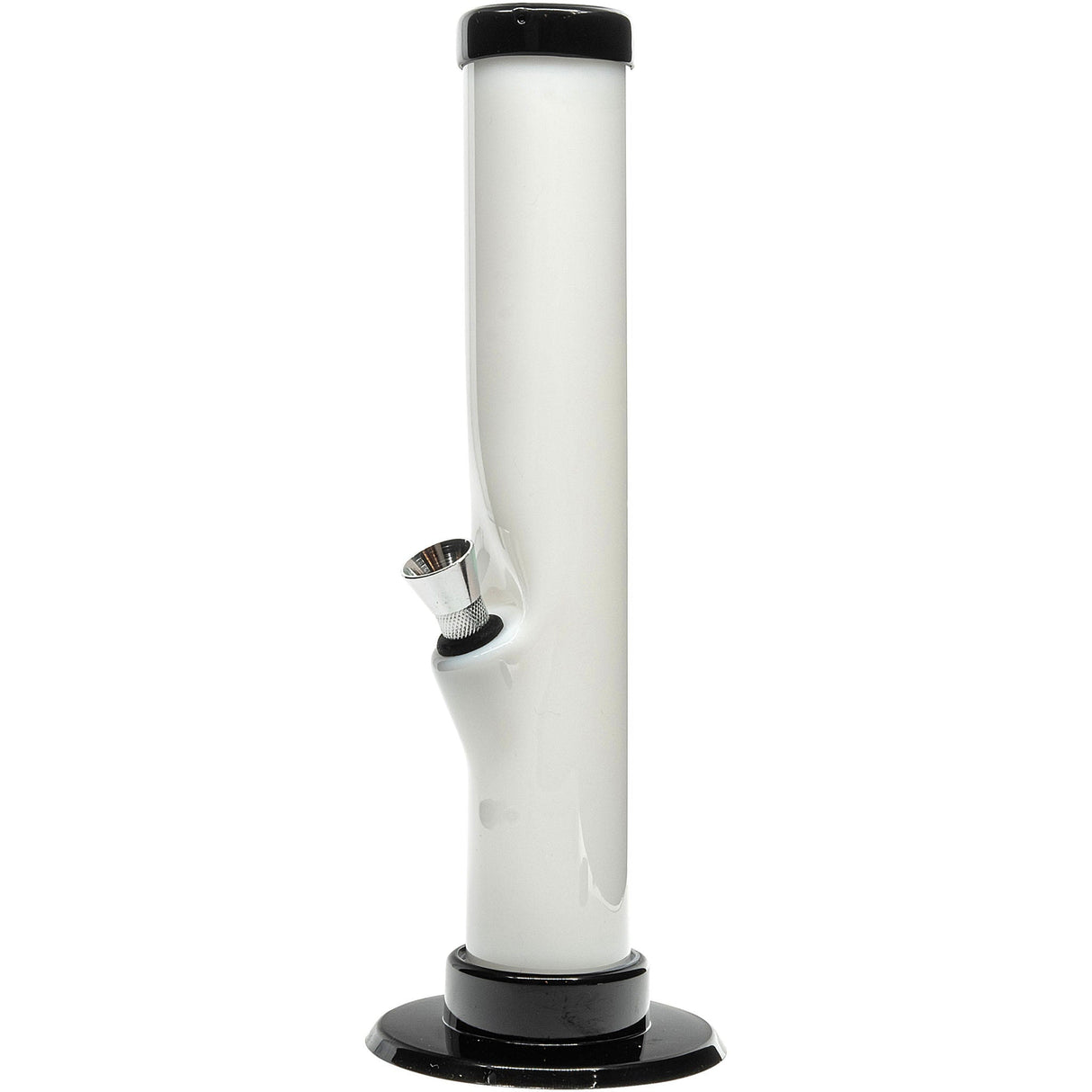 JM Plastics Acrylic Straight Tube Bong in White, 12" Tall Variant, Front View on Seamless White Background