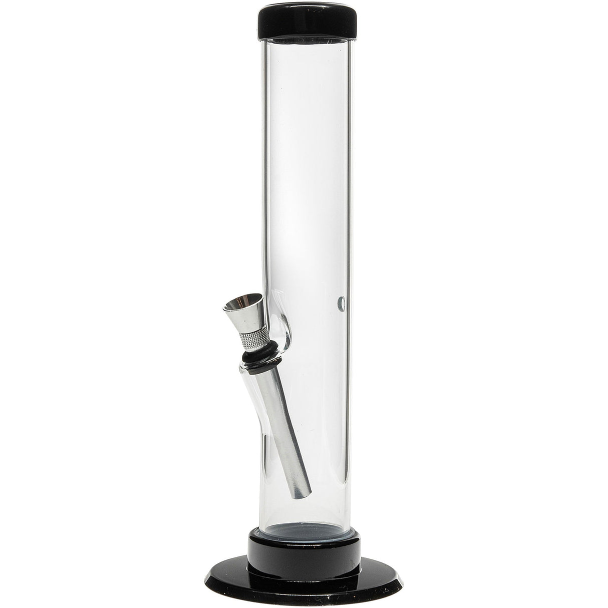 JM Plastics Acrylic Straight Tube Bong in Grey, 12" Tall Variant, Front View on White Background