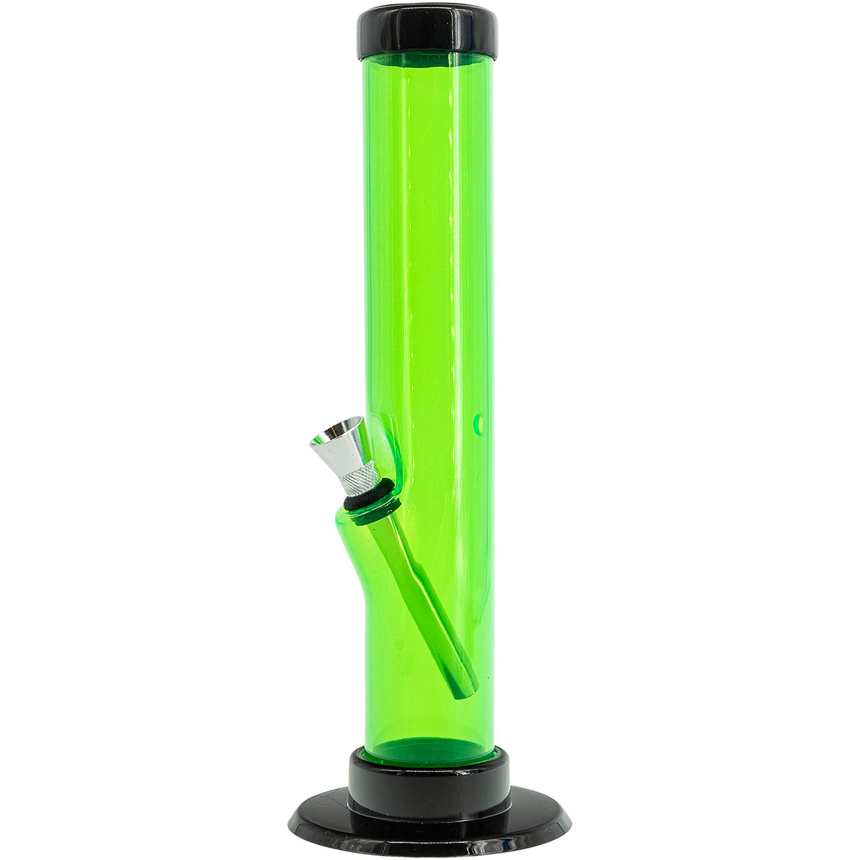 JM Plastics 12" Neon Green Acrylic Straight Tube Bong Front View with Removable Base