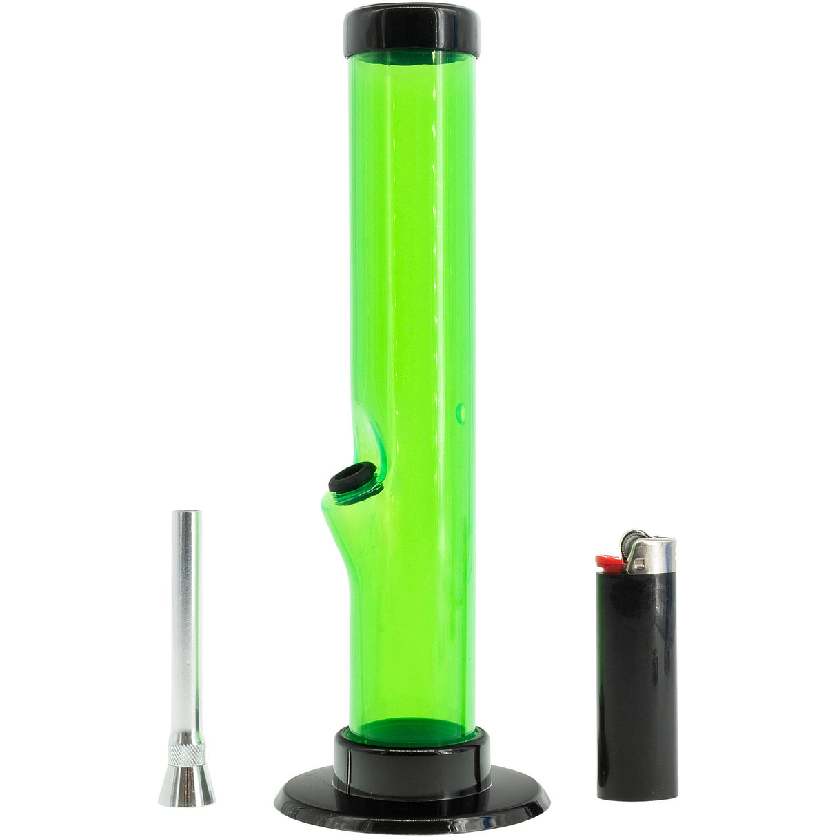 JM Plastics Acrylic Straight Tube Bong in Vibrant Green, 12" Tall, Front View with Accessories