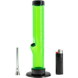 JM Plastics Acrylic Straight Tube Bong in Vibrant Green, 12" Tall, Front View with Accessories