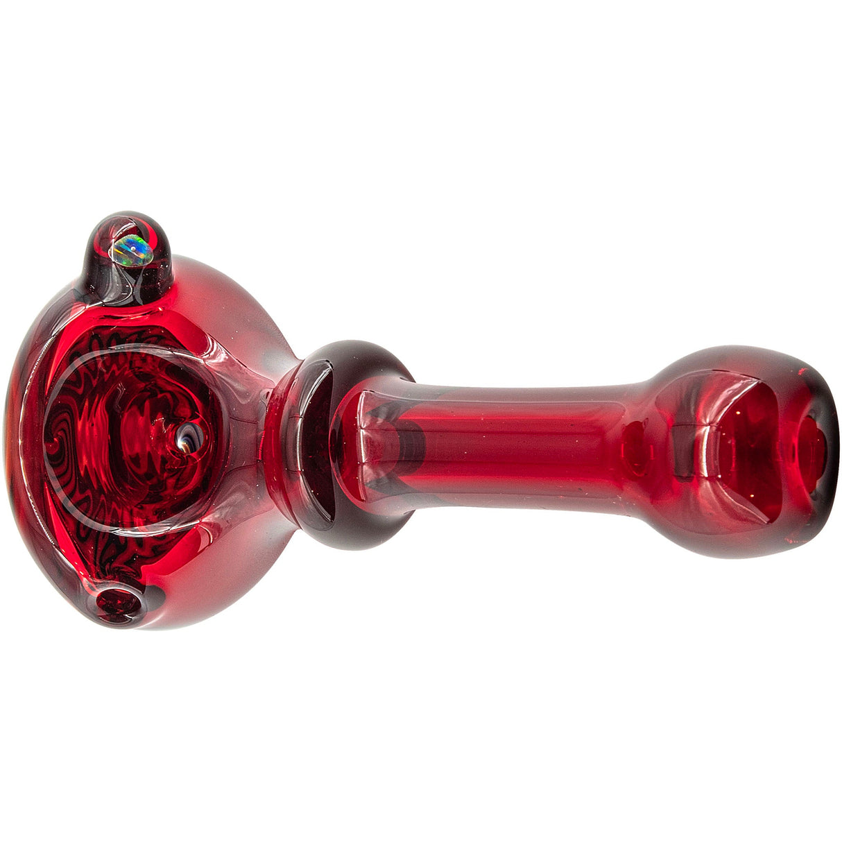 Chris Lezak Fire Red Rainbow Reversal Glass Spoon Pipe, Heady Borosilicate Handpipe, Top View