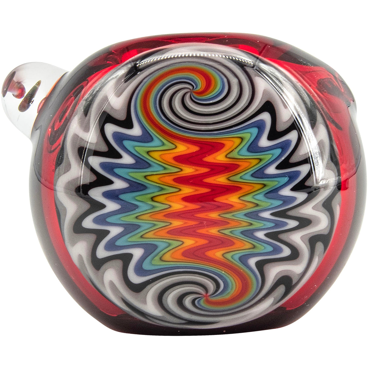 Fire Red Rainbow Reversal Glass Spoon Pipe by Chris Lezak with vibrant swirl design, top view