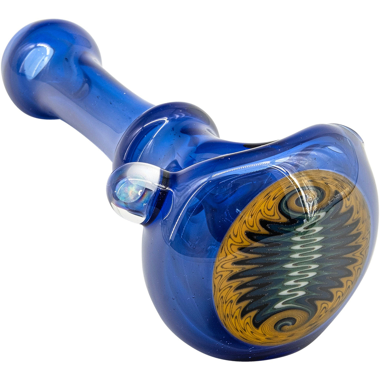 Ice Blue Reversal Spoon Glass Pipe by Chris Lezak with intricate design, side view on white background