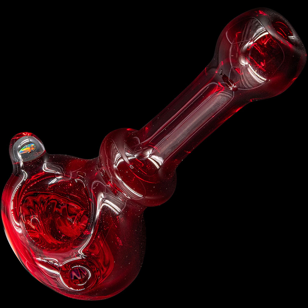 Fire Red Rainbow Reversal Glass Spoon Pipe by Chris Lezak, Borosilicate Heady Glass, Top View