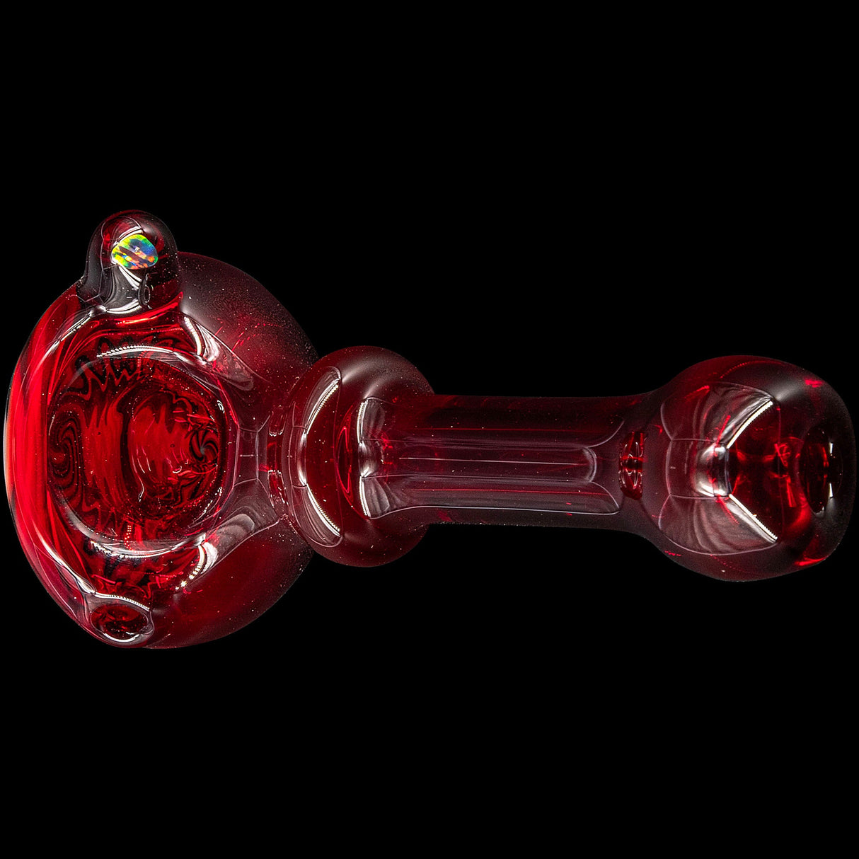 Chris Lezak Fire Red Rainbow Reversal Glass Spoon Pipe, Heady Borosilicate Handpipe, Top View