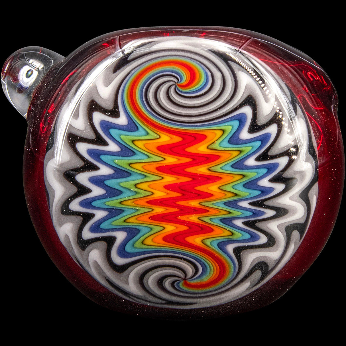 Lezak Glass Fire Red Rainbow Reversal Spoon Pipe, Heady Borosilicate Glass, Top View