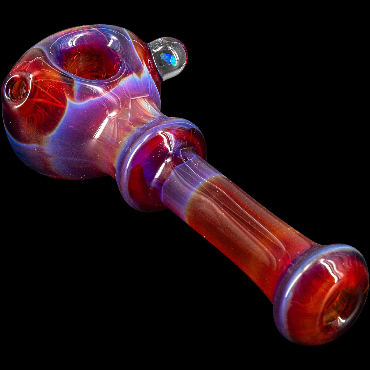 Chris Lezak Fire Red Rainbow Reversal Spoon Pipe, Borosilicate Glass, Angled Side View