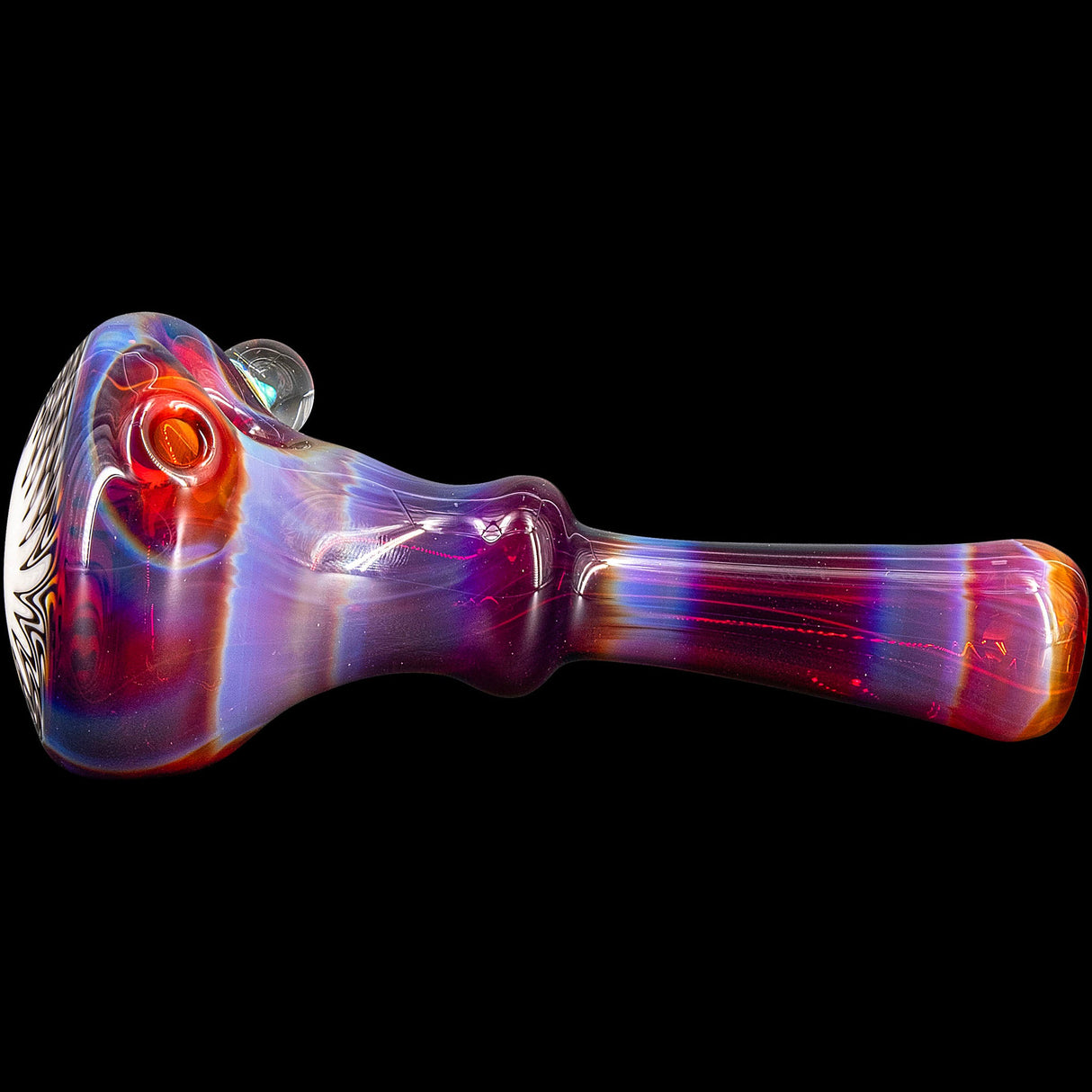 Lezak Glass Black and White Reversal Spoon Pipe with Opal Marble, Side View