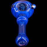 Ice Blue Reversal Spoon Glass Pipe by Chris Lezak with intricate design, top view on black background