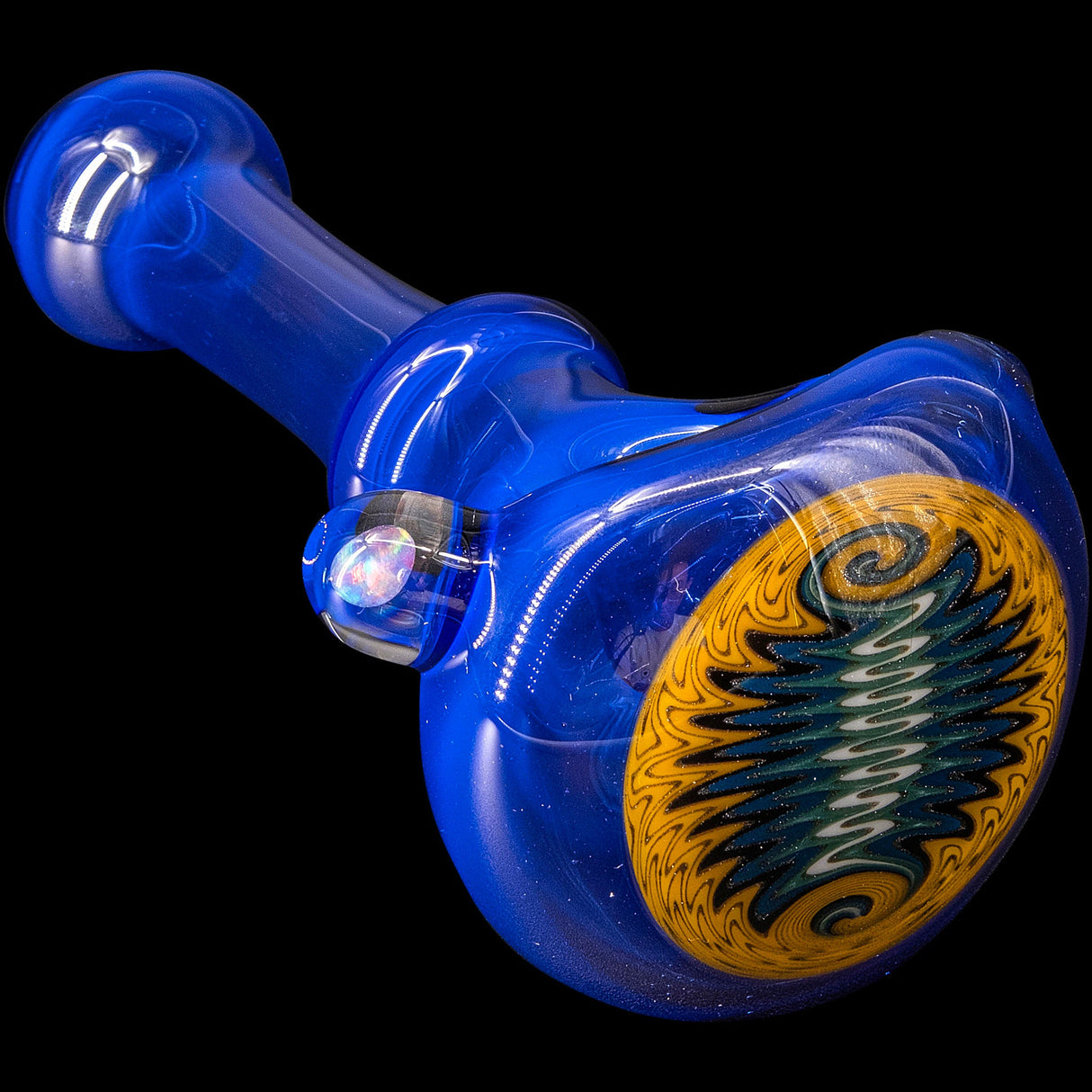 Chris Lezak Ice Blue Reversal Spoon Glass Pipe with Intricate Design on Black Background