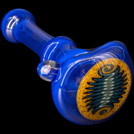 Chris Lezak Ice Blue Reversal Spoon Glass Pipe with Intricate Design on Black Background