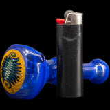 Ice Blue Reversal Spoon Glass Pipe by Chris Lezak with Intricate Design - Side View with Lighter