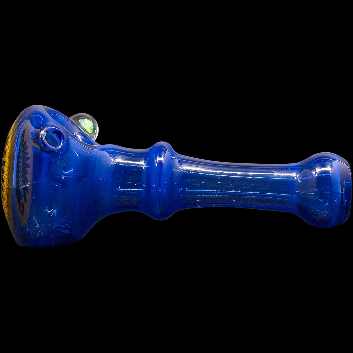 Ice Blue Reversal Spoon Glass Pipe by Chris Lezak with intricate design, side view on black background