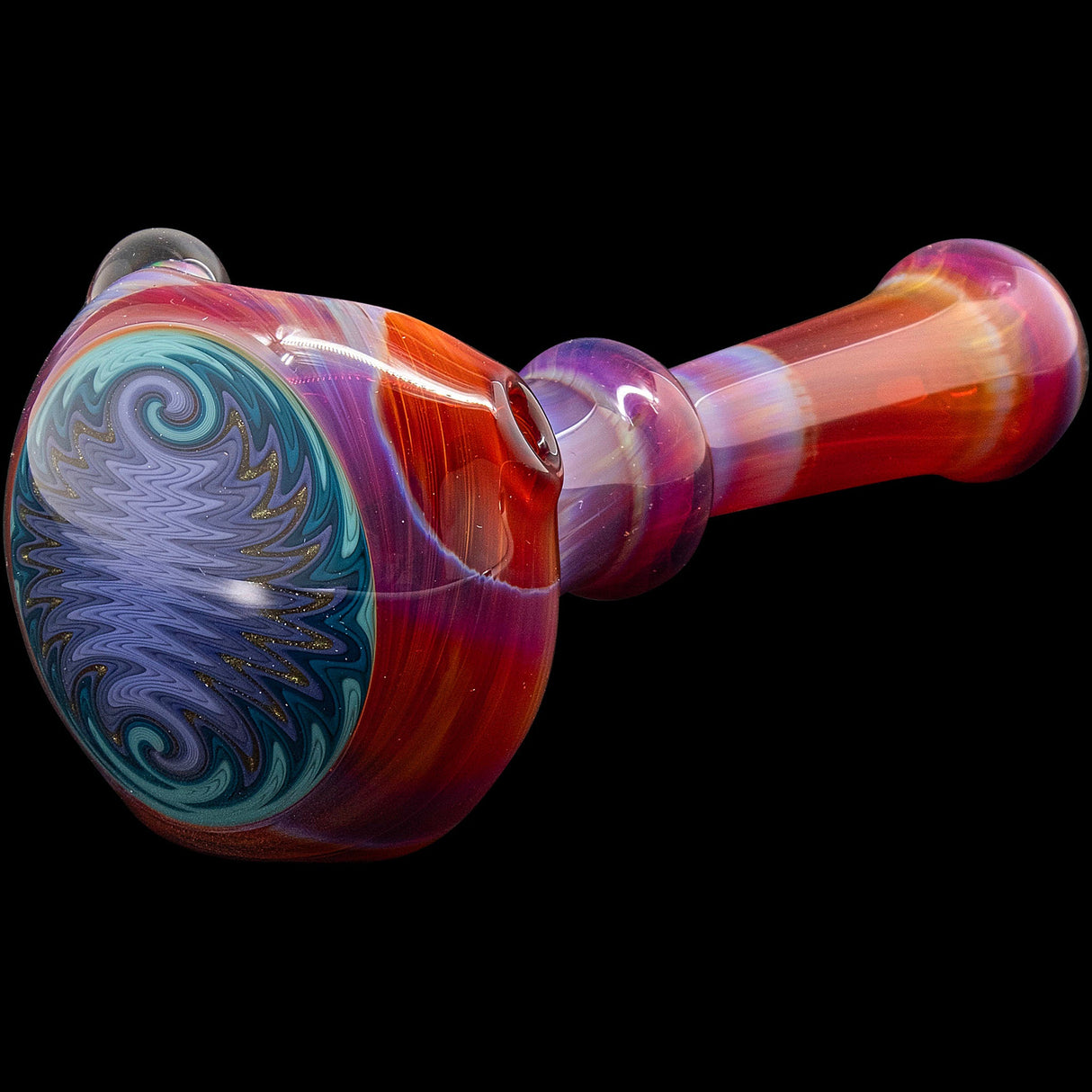 Lezak Glass Reversal and Opal Marble Glass Spoon Pipe with vibrant swirls, side view