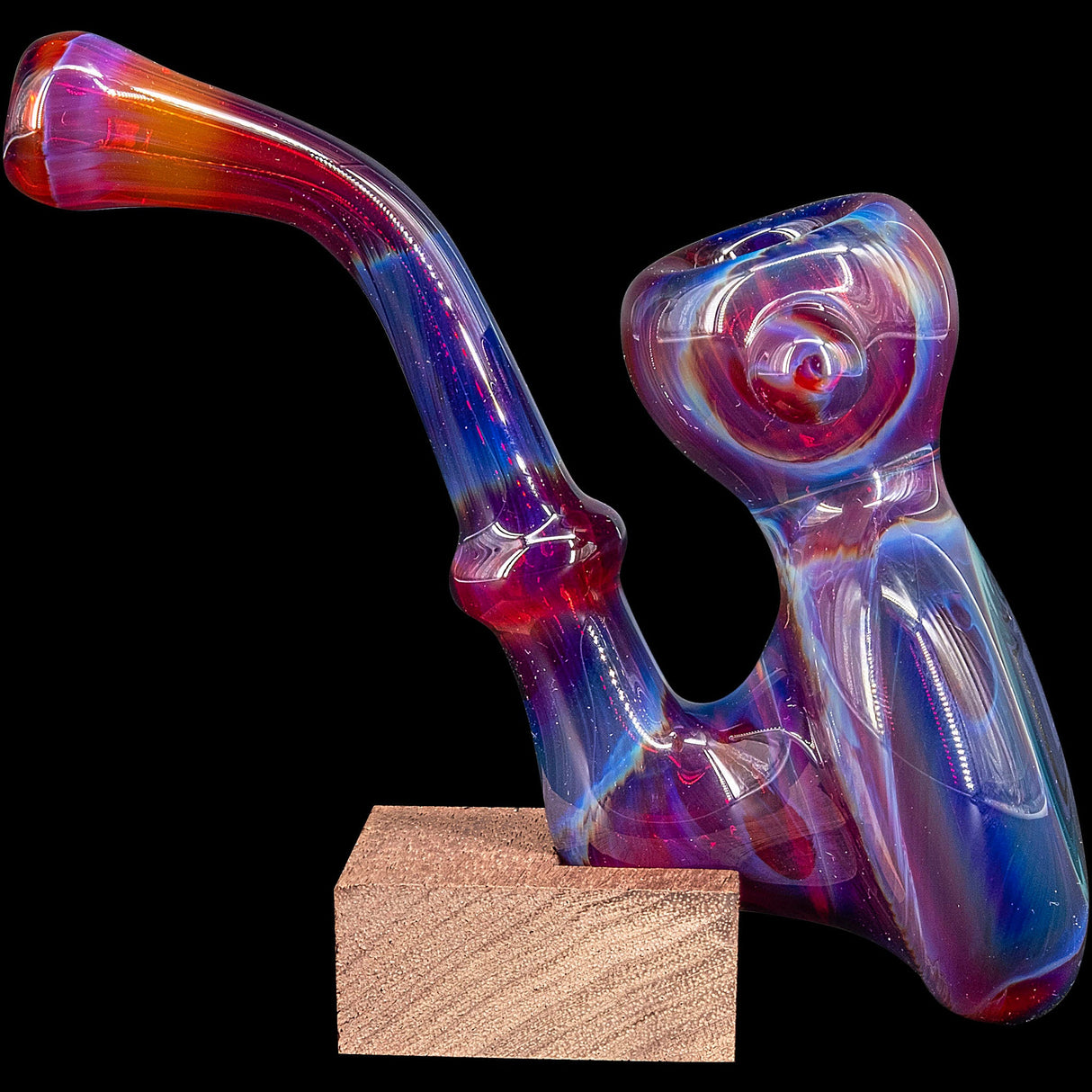 Lezak Glass Wig Wag Reversal Sherlock Pipe, Borosilicate, Angled Side View on Block