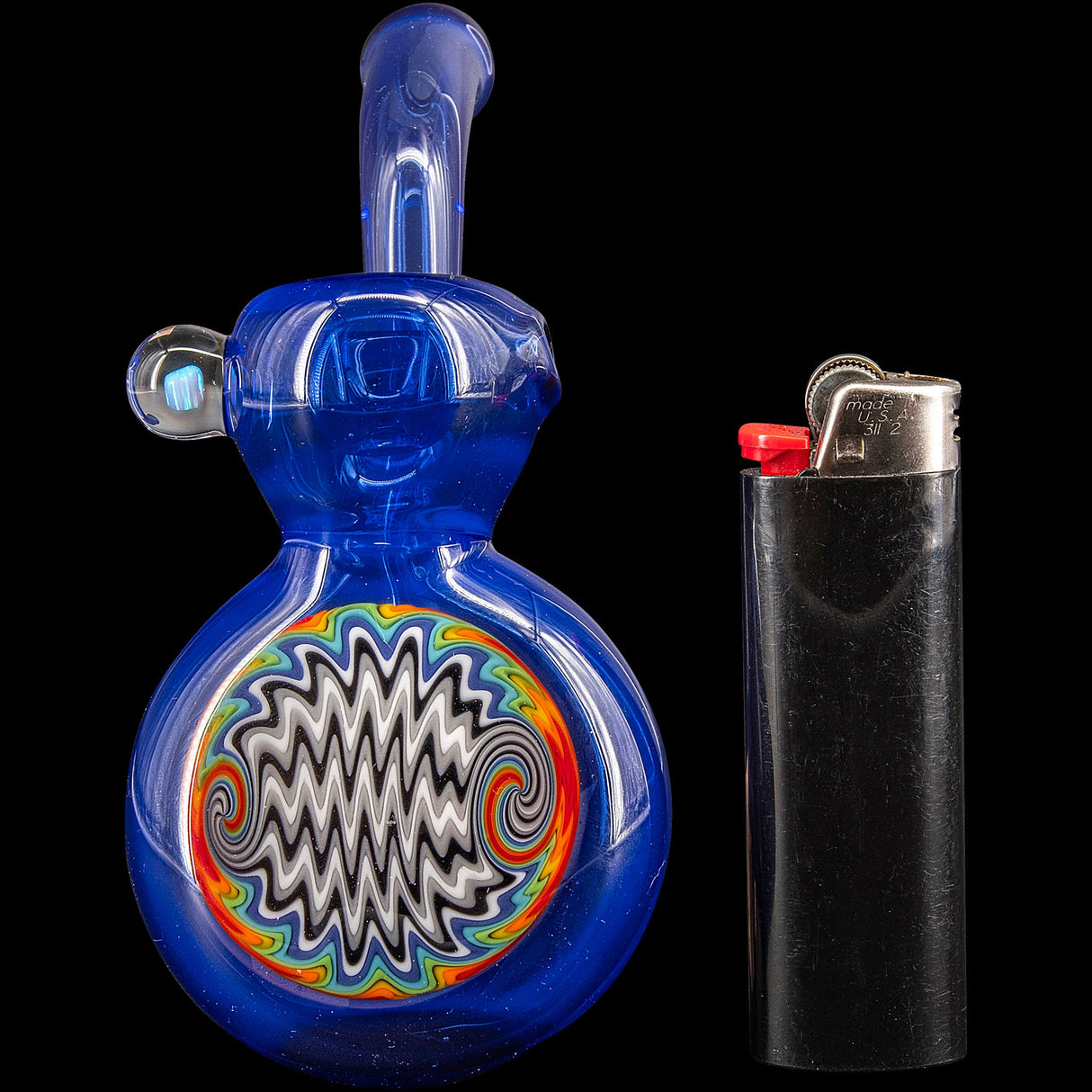 Lezak Glass Wig Wag Rainbow Reversal Sherlock Glass Pipe with lighter, side view