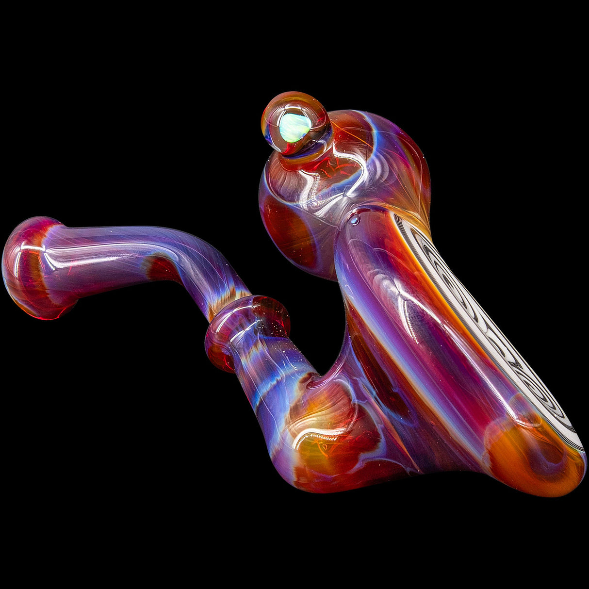 Lezak Glass Reversal Sherlock Pipe with colorful swirl design, side view on a black background