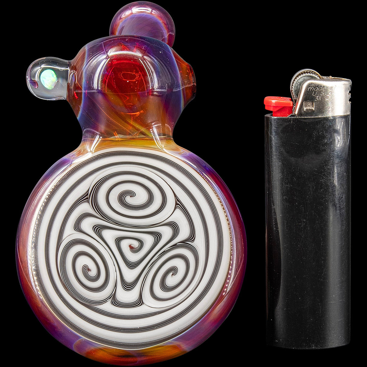 Lezak Glass Reversal Sherlock Pipe with intricate design, front view next to lighter for scale