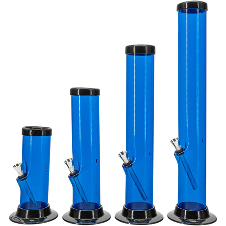 JM Plastics Acrylic Straight Tube Bongs in Blue - 6", 9", 12", 15" Sizes Front View