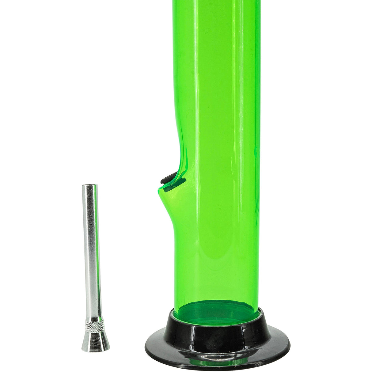 JM Plastics Acrylic Straight Tube Bong in Neon Green, Front View with Detached Bowl