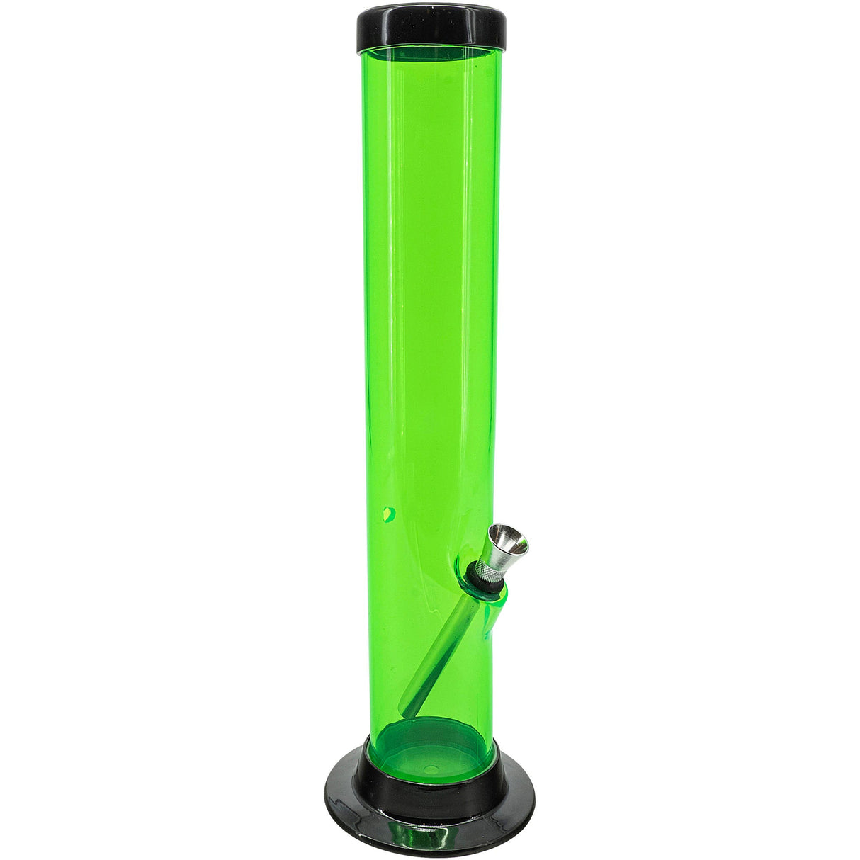 JM Plastics Acrylic Straight Tube Bong in Vibrant Green, 12" Tall, Front View with Removable Bowl