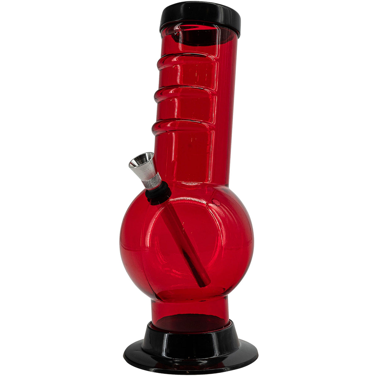 JM Plastics Acrylic Bent Neck Bubble Base Bong in Red, 9-12 Inch Options, Side View