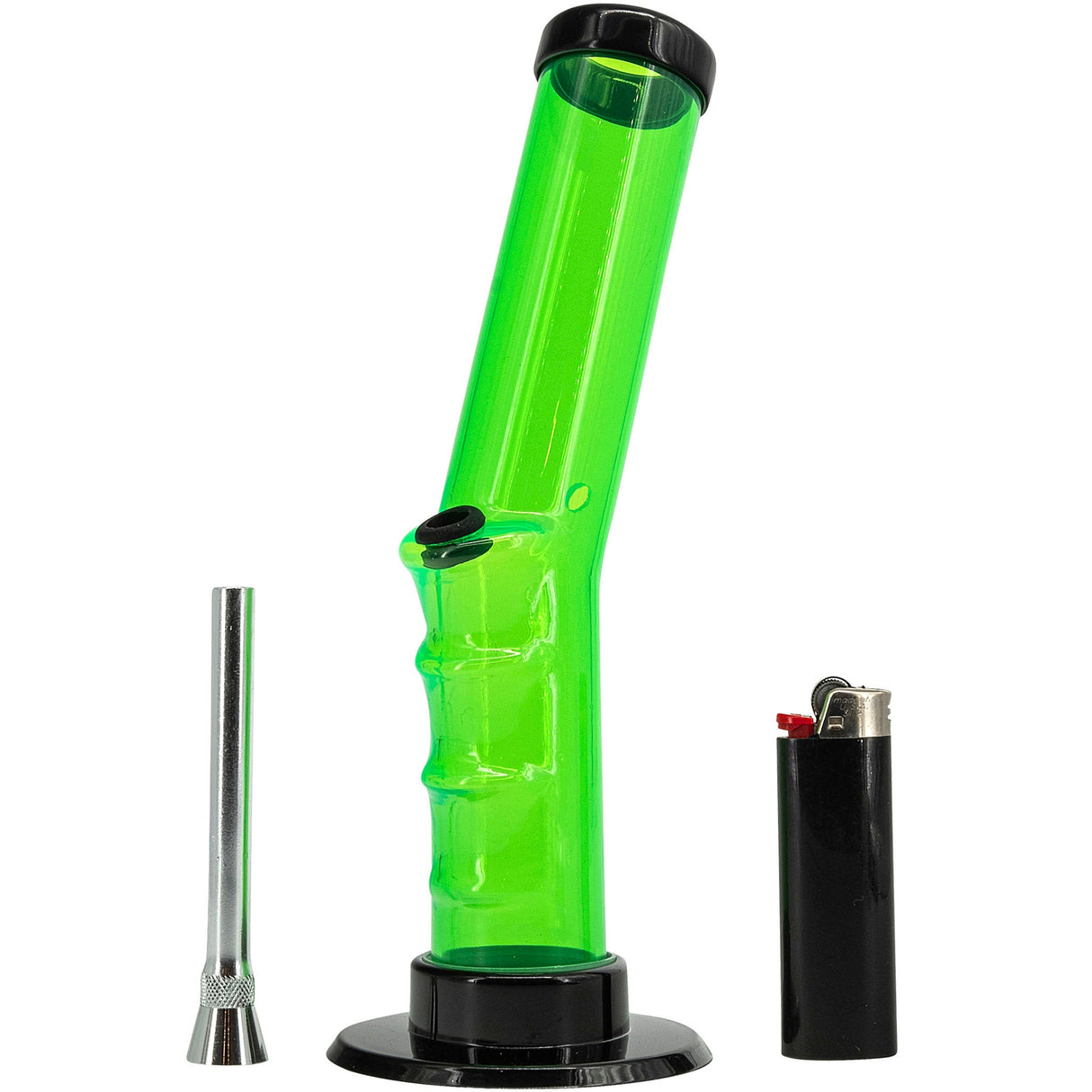 JM Plastics Acrylic Angled Straight Tube Bong in Green, 9-12" Tall with Accessories