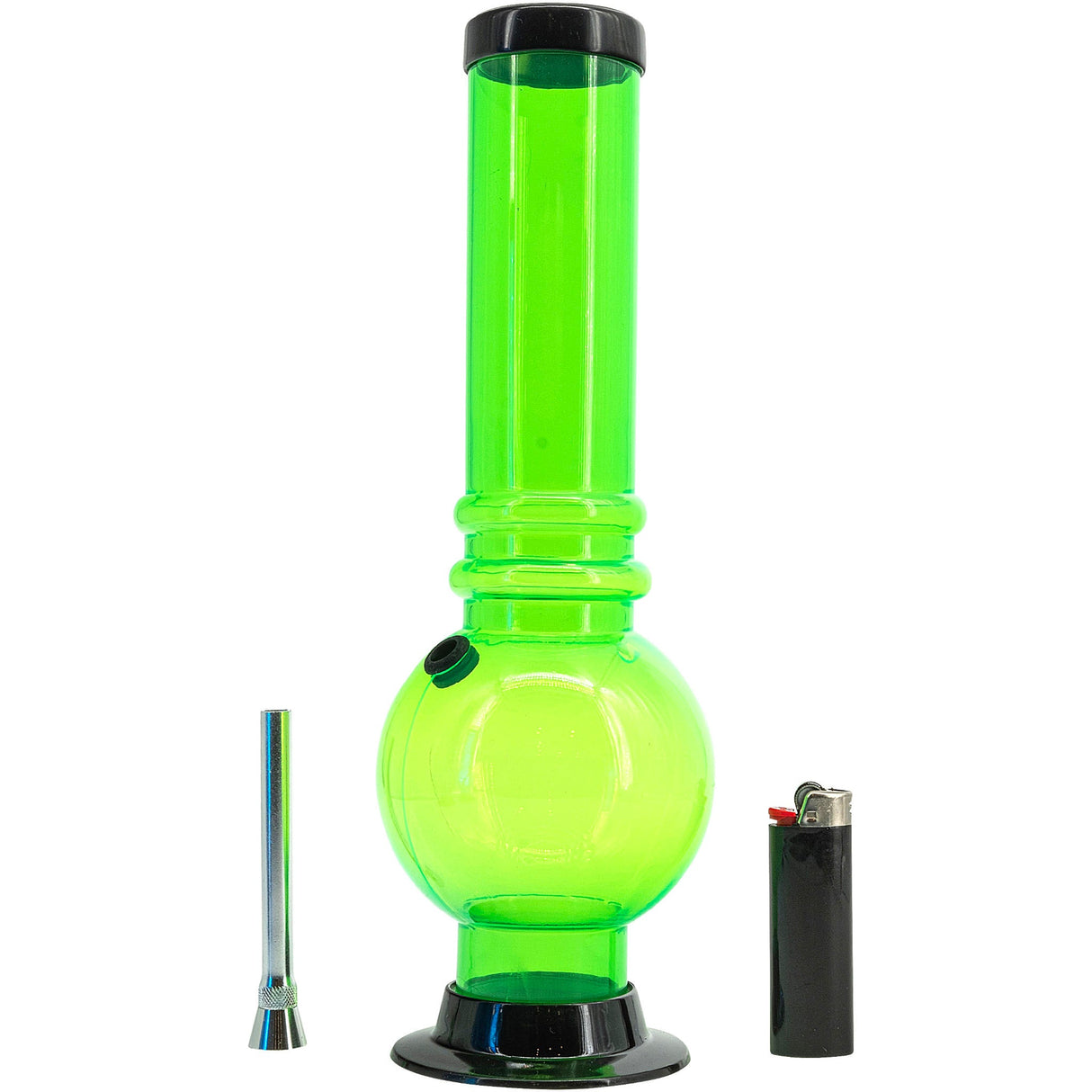 JM Plastics 12-15" Acrylic Bubble Base Bong in Neon Green with Accessories