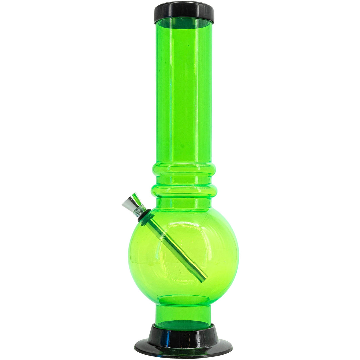 JM Plastics 12-15" Green Acrylic Bubble Base Bong with a clear tube, front view on a white background