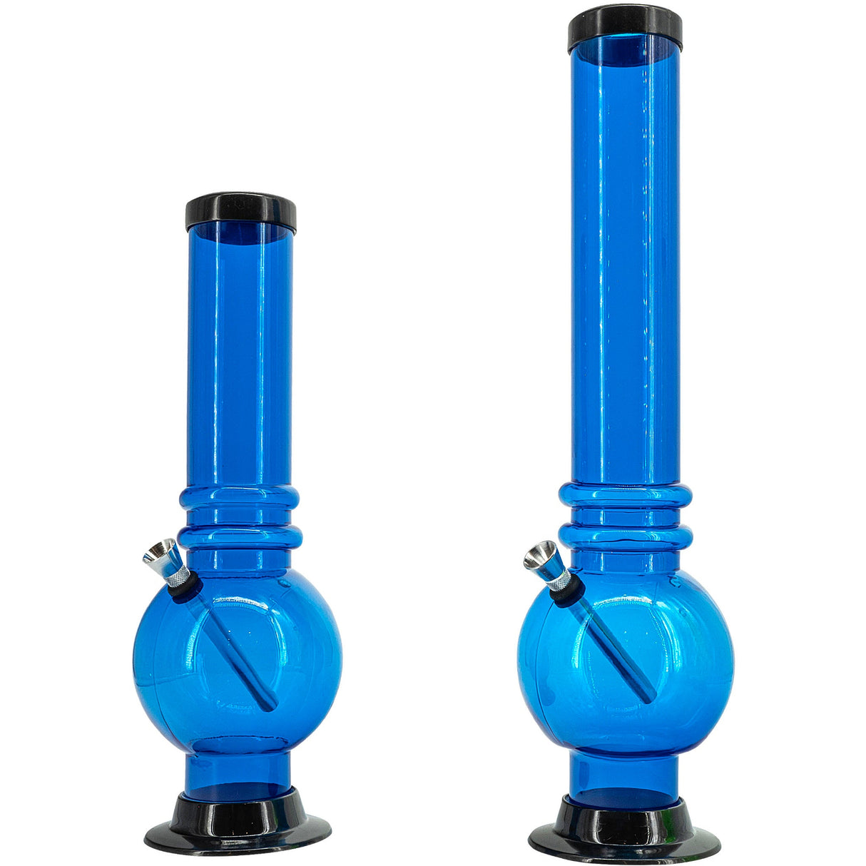 JM Plastics Acrylic Bubble Base Bongs in Blue, 12" and 15" Sizes, Front and Side Views