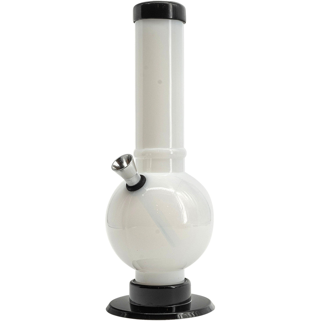 JM Plastics Acrylic Straight Tube Bubble Bottom Bong in White, Front View, Easy to Clean