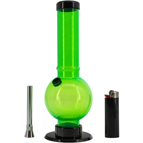 JM Plastics Acrylic Straight Tube Bubble Bottom Bong in Green, Front View with Bowl and Lighter