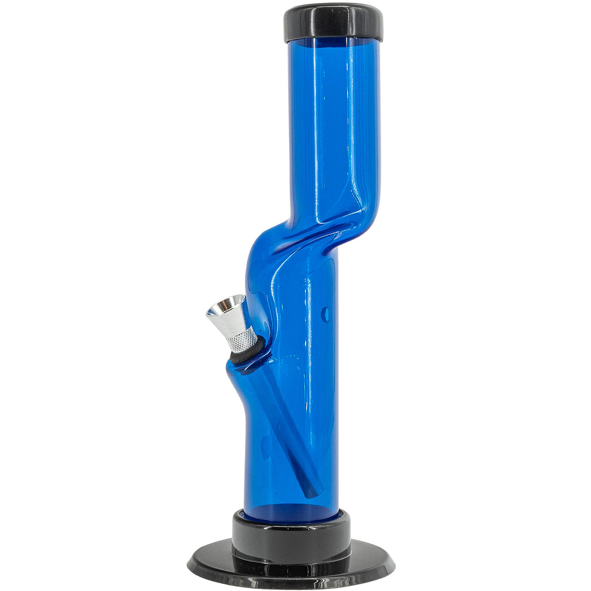 JM Plastics 9" Acrylic Kink Neck Bong in Blue, Side View with Sturdy Base